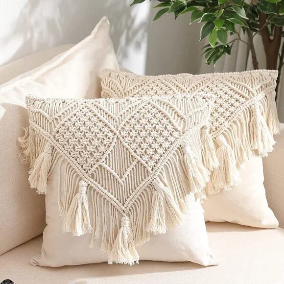 Tassel Macrame Throw Pillow Boho Indie Case Cushion Cover for Bed/Sofa/Patio - Picture 1 of 7